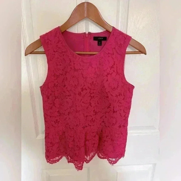 J.Crew Bright Pink Peplum Sleeveless Lace Top Size 2 - Picture 2 of 7